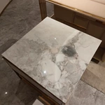 Square Marble-Top Sofa Side Table with Ribbed Drawer, Smoked Glass Shelf and Gold-Tone Stainless Steel Frame